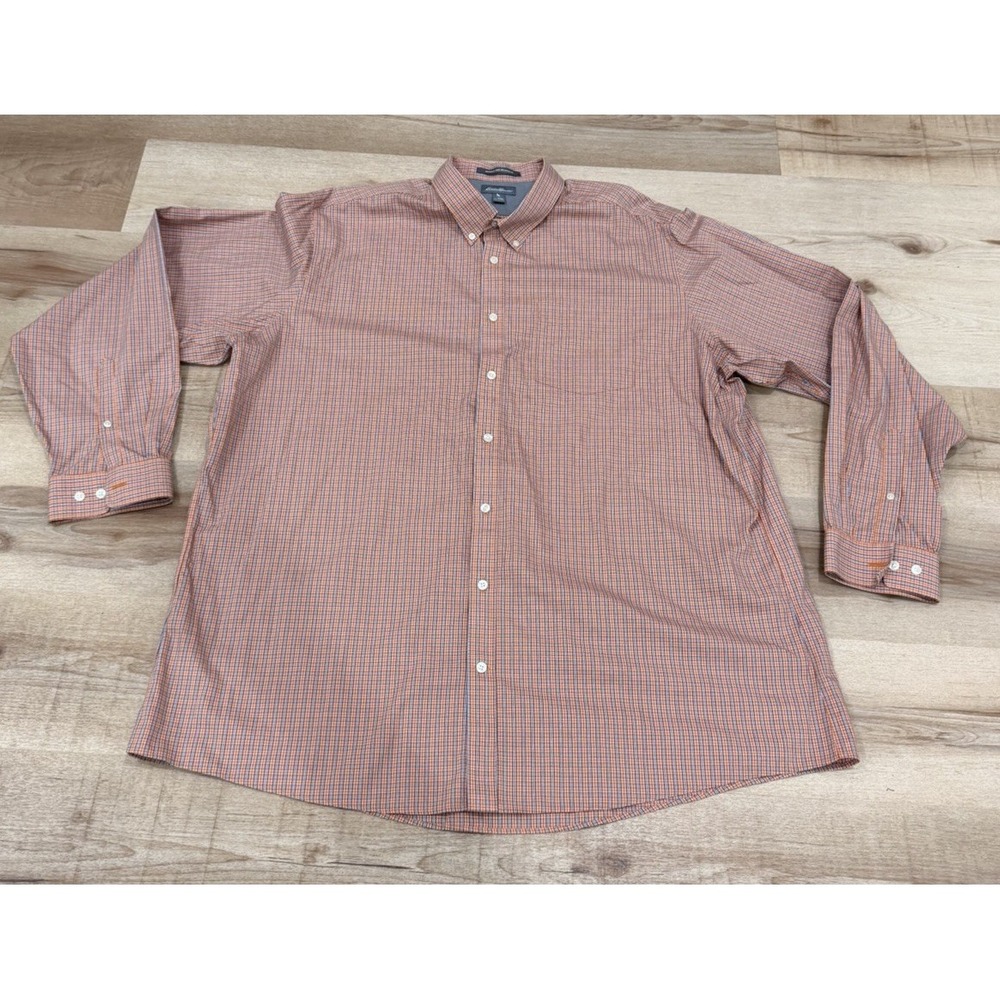 Eddie Bauer Men's 3XL Orange Blue Check Wrinkle Free Relaxed Fit Button Shirt